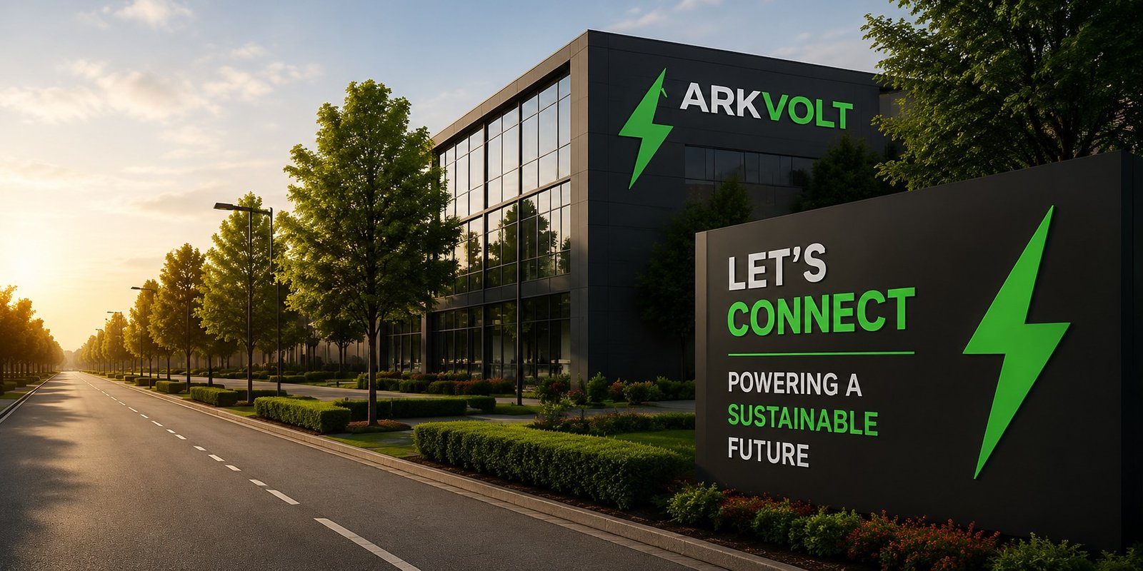 The ARKVOLT office and its Powering a Sustainable Future signage