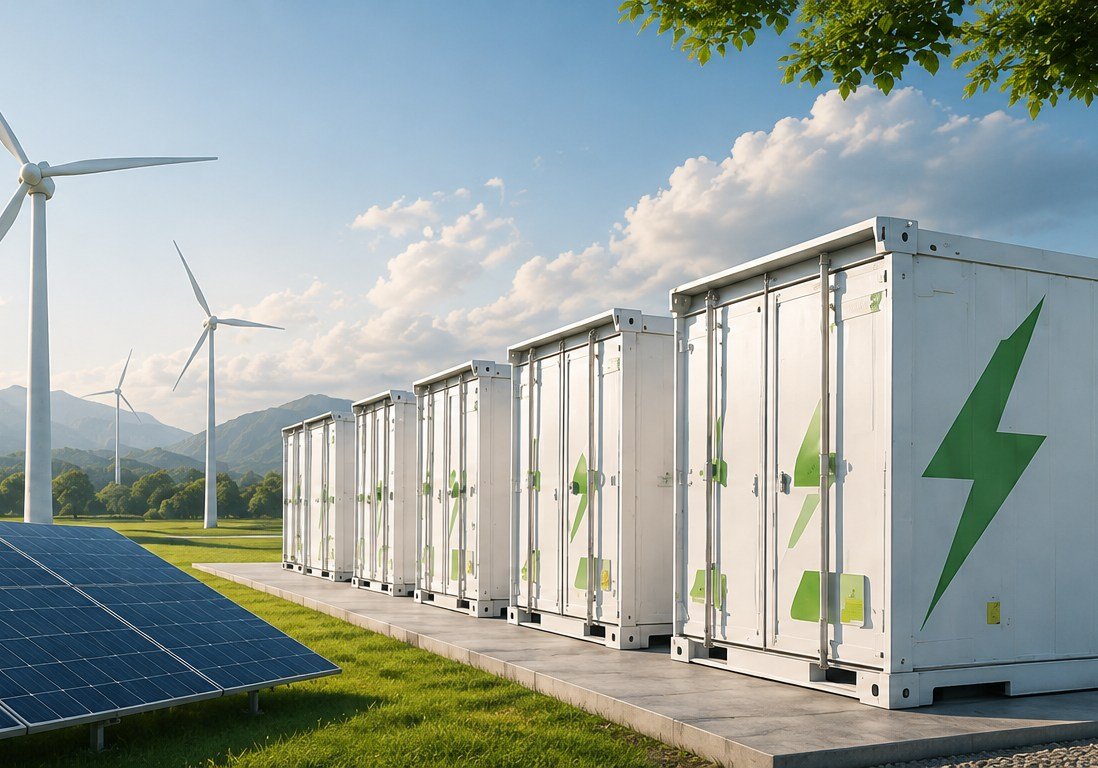 ARKVOLT battery energy storage containers alongside solar panels and wind turbines
