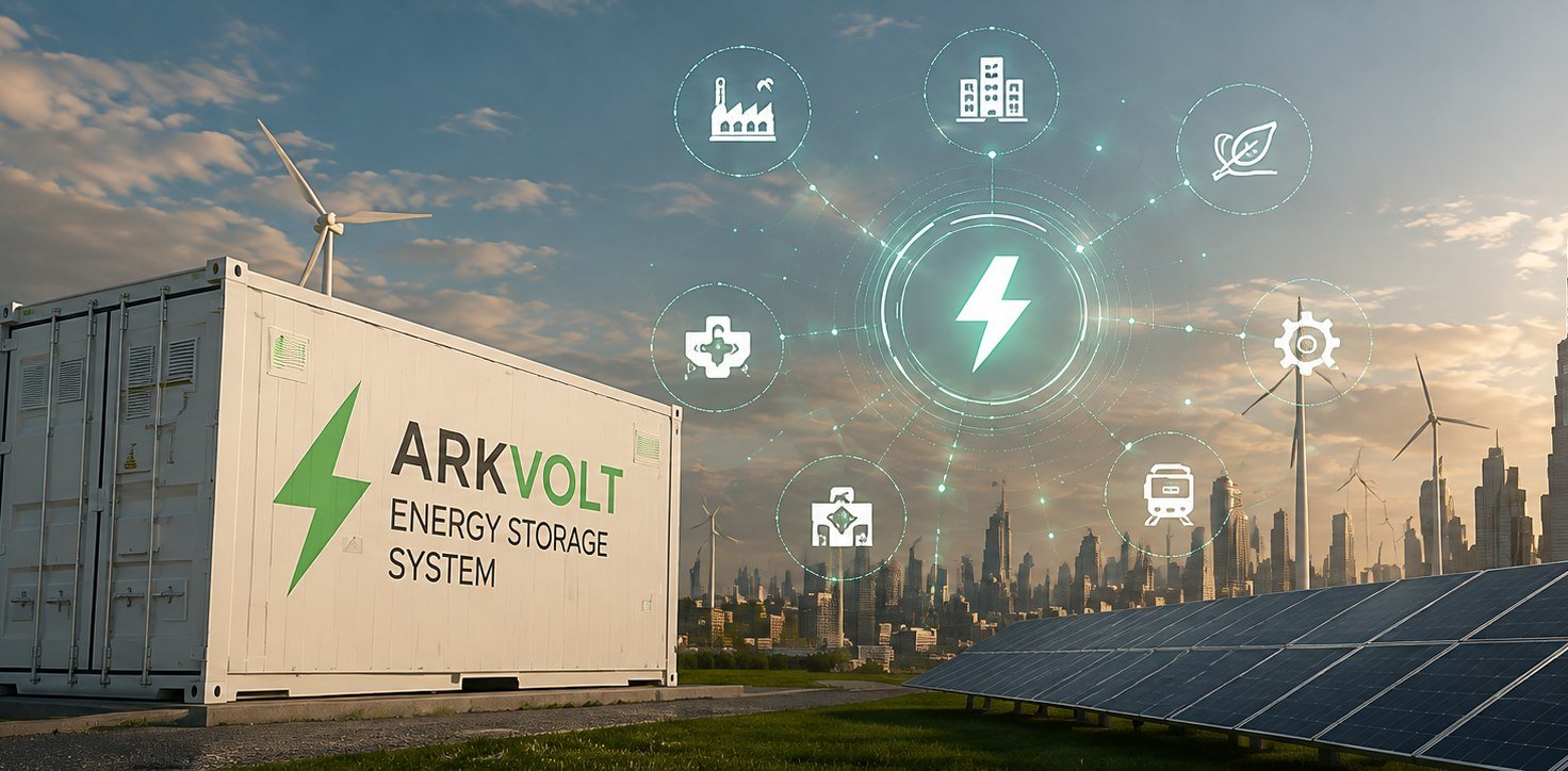 ARKVOLT battery energy storage containers beside a solar array