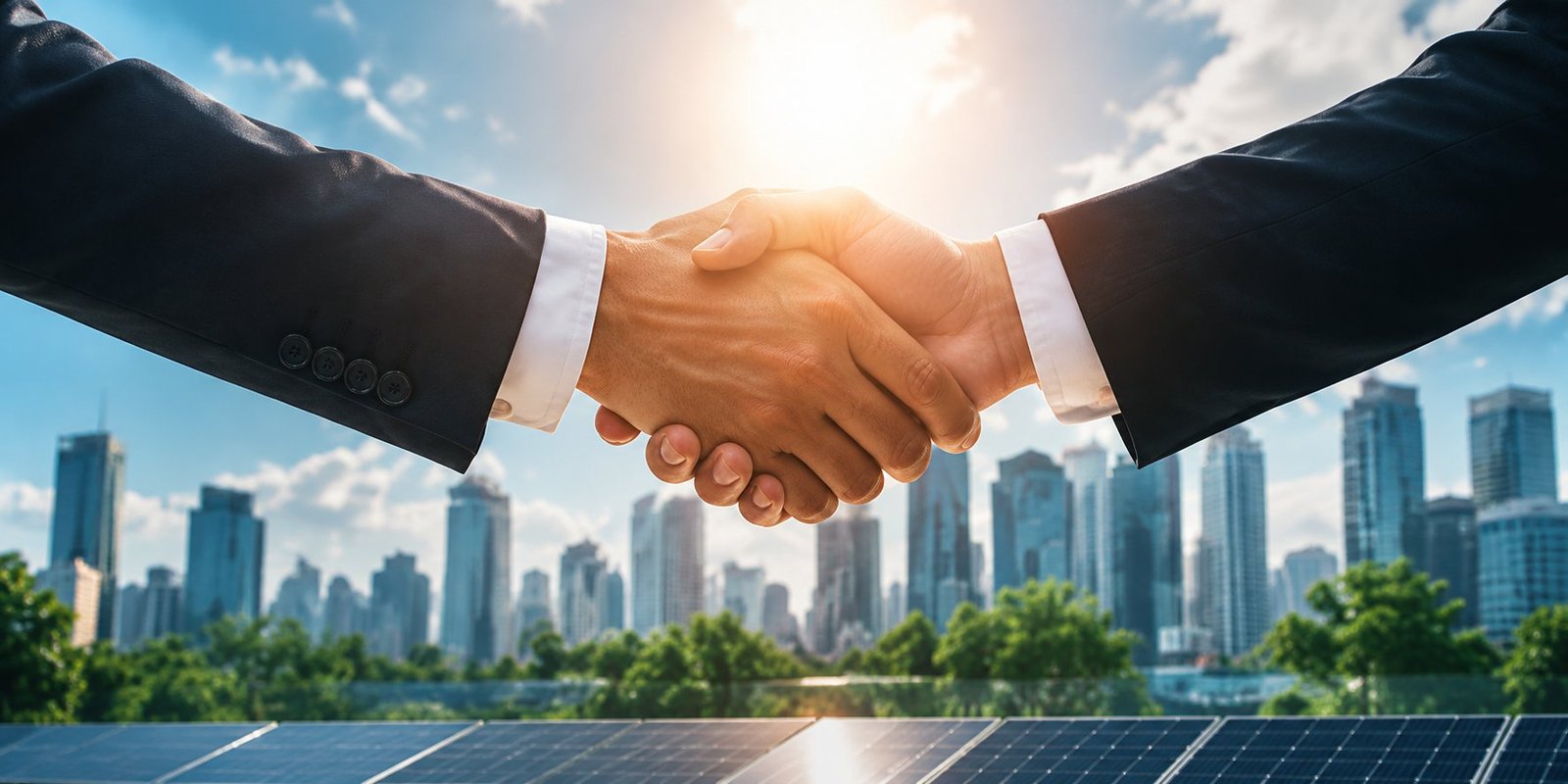 A handshake over a city skyline, representing ARKVOLT partnerships