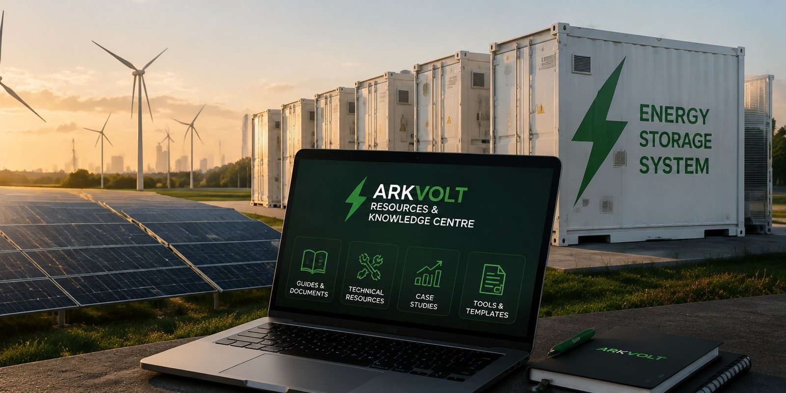 A laptop showing the ARKVOLT Knowledge Centre beside a solar array and storage containers