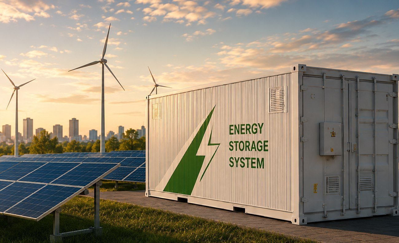 ARKVOLT solar array, wind turbines and a battery energy storage container